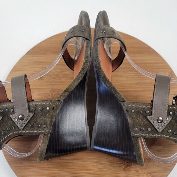 Coach Odessa Leather Suede Wedge 8.5 B Olive Green Buckle 2 Strap Heels - Picture 8 of 16